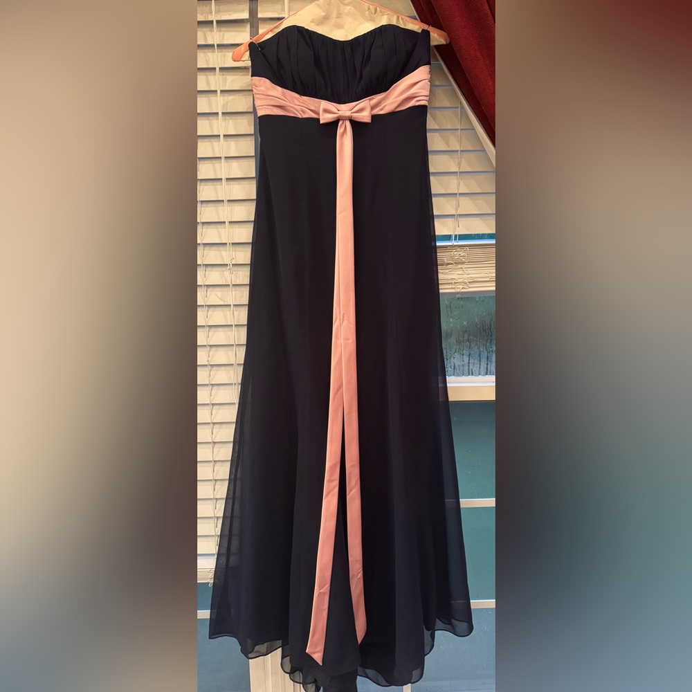 Alfred Angelo Navy Formal Maxi Dress Bridesmaid Pink Bow Ribbon Women’s Size 10